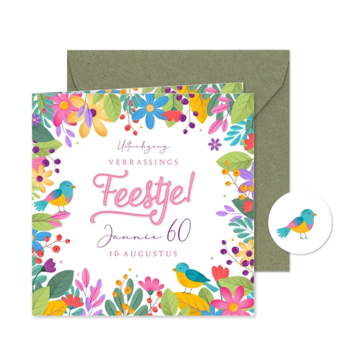  Uitnodiging feestje zomers botanisch kleurrijk met vogels