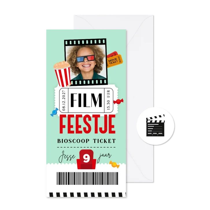 Uitnodiging film feestje bioscoop ticket foto popcorn