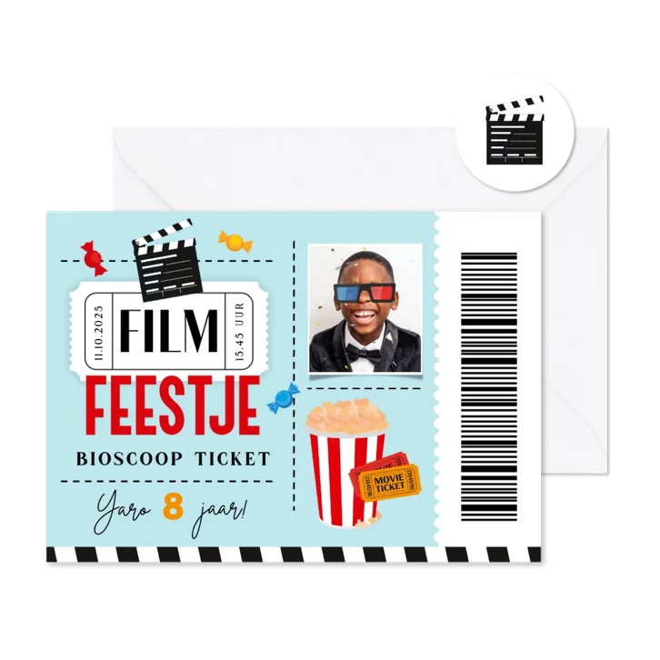 Uitnodiging film feestje ticket popcorn foto snoep