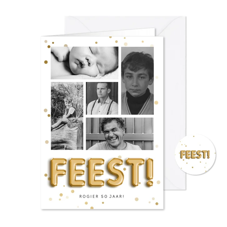 Uitnodiging folieballon feest fotocollage met confetti