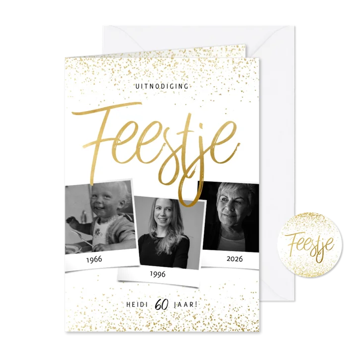 Uitnodiging fotocollage in goudlook confetti feestje