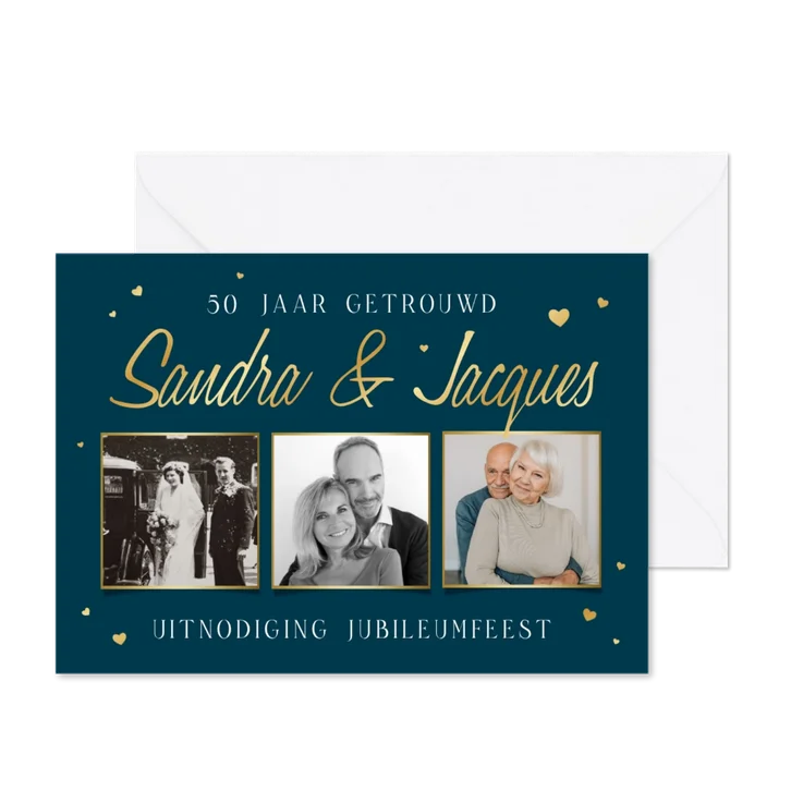Uitnodiging fotokaart jubileumfeest 50 jaar getrouwd hartjes