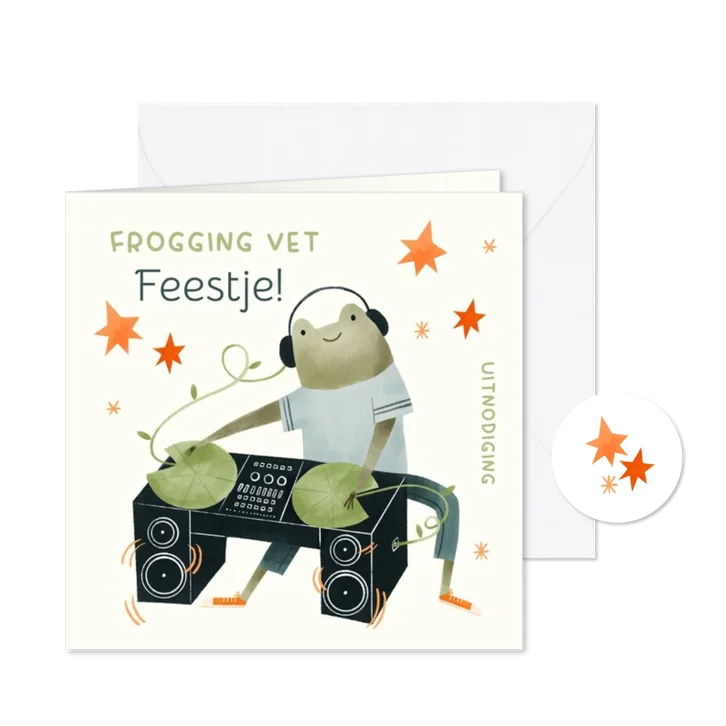 Uitnodiging frogging vet feestje kikkerDJ met sterren