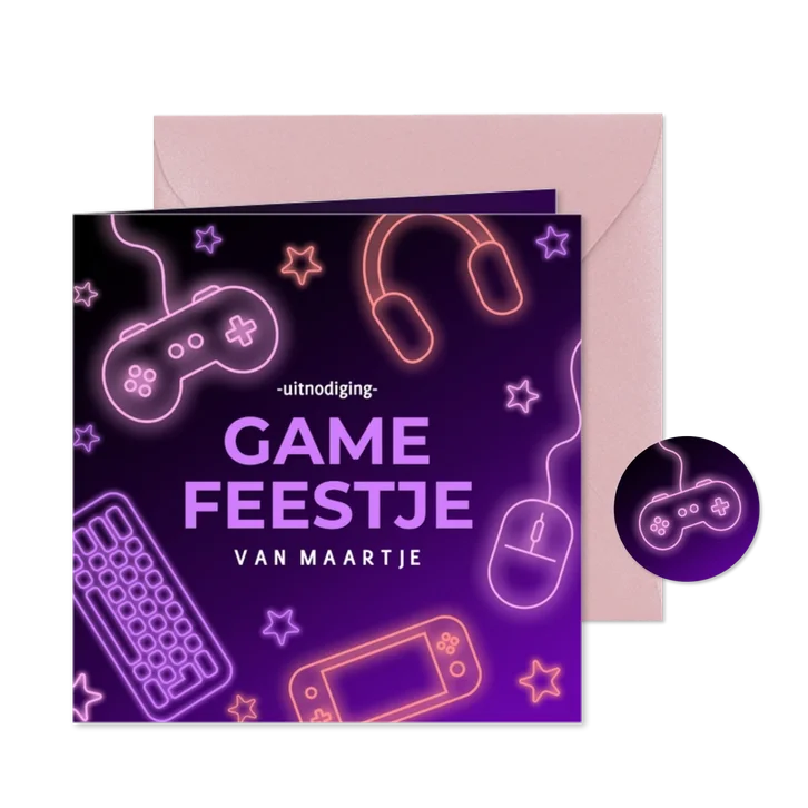Uitnodiging game feestje met paarse neon meisje