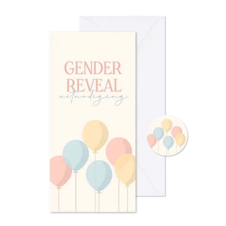 Uitnodiging gender reveal met pastelkleurige ballonnen 