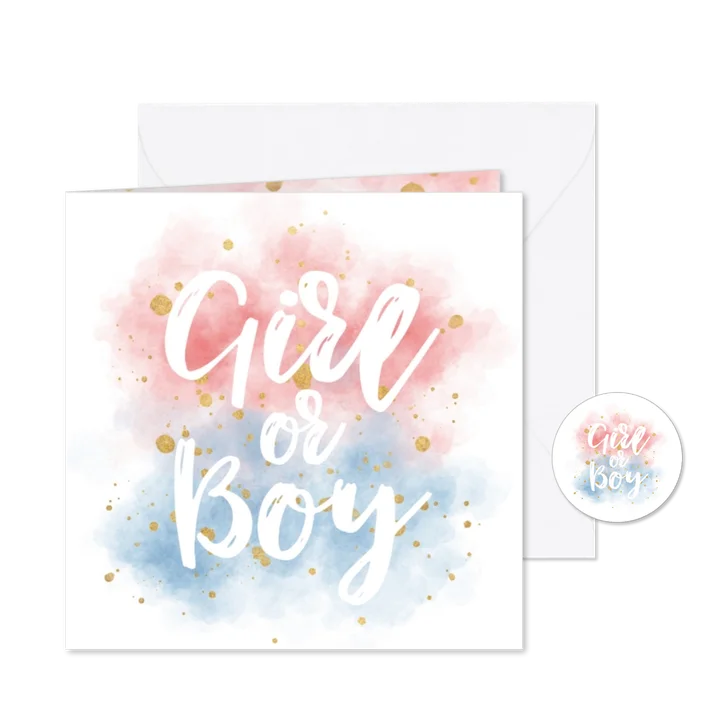 Uitnodiging gender reveal party met gouden confetti