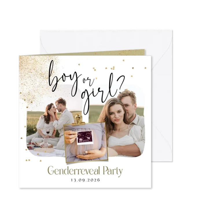 Uitnodiging gender reveal stijlvol fotokaart spetters goud