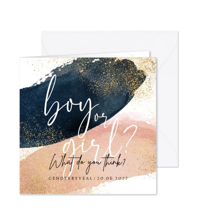 Uitnodiging genderreveal watercolour verfstreep goudlook