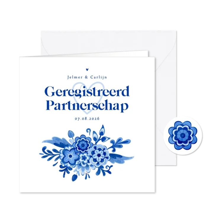 Uitnodiging geregistreerd partnerschap bloemen Delfts blauw