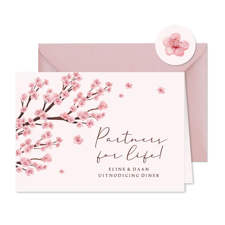 Uitnodiging geregistreerd partnerschap etentje lente bloesem