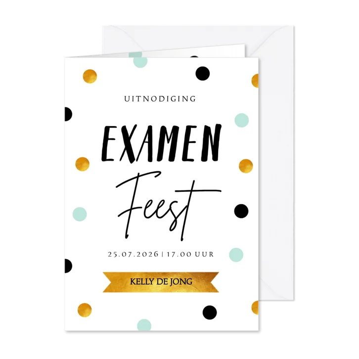 Uitnodiging geslaagd feest confetti goudlook