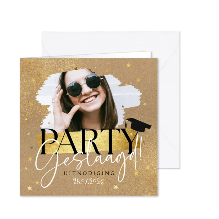 Uitnodiging geslaagd party kraft foto sterren goudlook