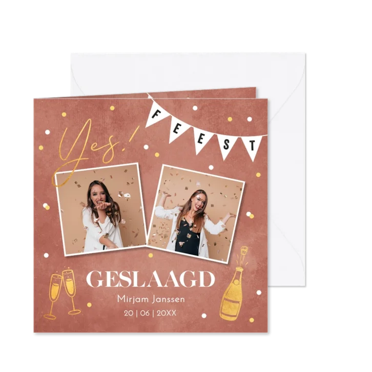 Uitnodiging geslaagd vrouw foto slinger goudlook confetti