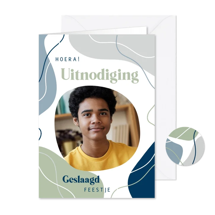 Uitnodiging geslaagdfeestje abstract met lijnen & foto stoer