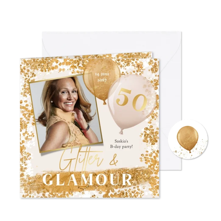 Uitnodiging glitter and glamour themafeestje ballonnen foto