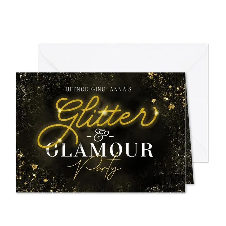 Uitnodiging Glitter & Glamour party goud typografisch