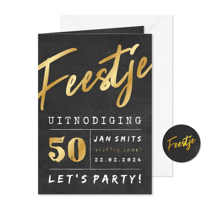 Uitnodiging gouden 'feestje' krijtbord met leeftijd