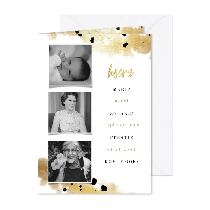 Uitnodiging goudverf fotocollage van 3 zwart wit foto's