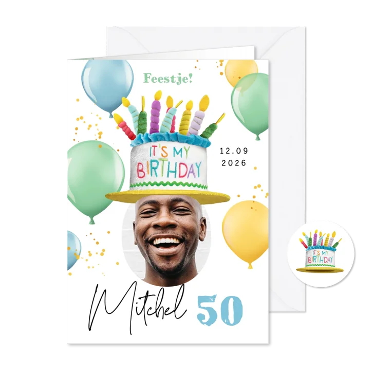 Uitnodiging grappig verjaardagsfeest taarthoed ballonnen 