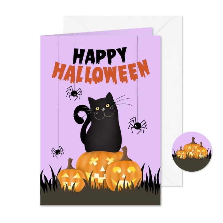 Uitnodiging halloween met kat spinnen en pompoenen