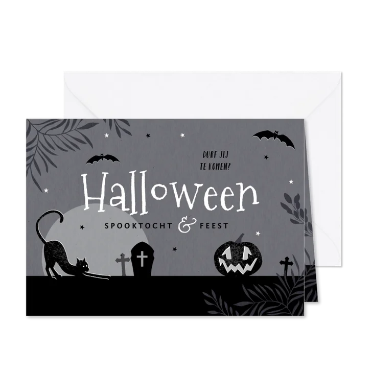 Uitnodiging halloweenfeest spooktocht donker pompoen kat