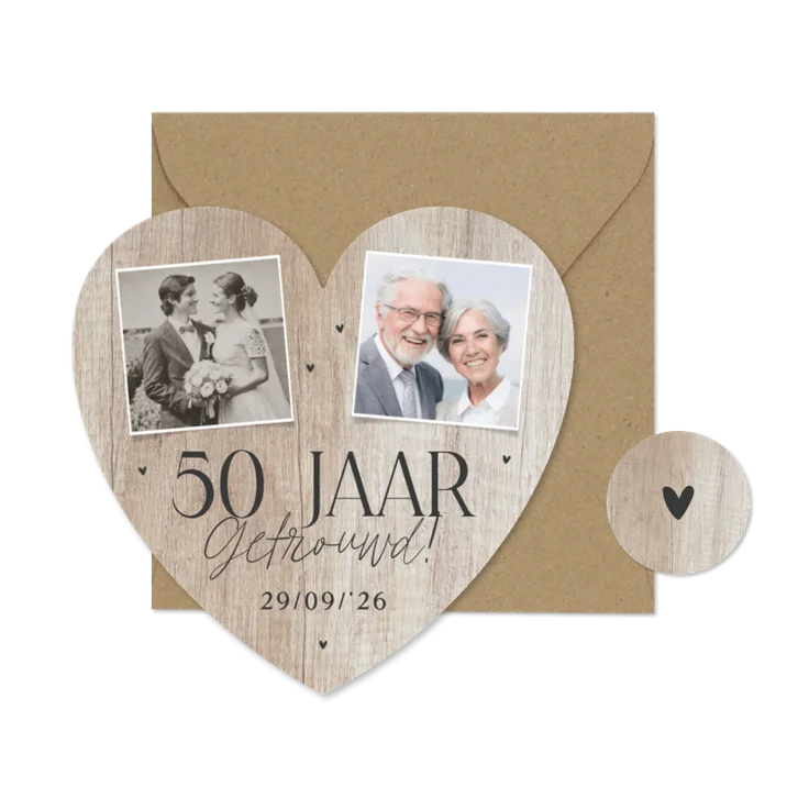 Uitnodiging hartvorm 50 jaar getrouwd fotocollage hout