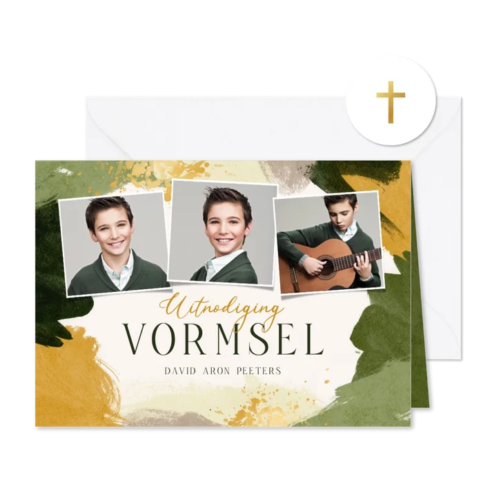 Uitnodiging heilig vormsel waterverf goud groen fotocollage