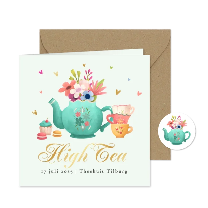 Uitnodiging High Tea bloemen theepot gebakjes hartjes