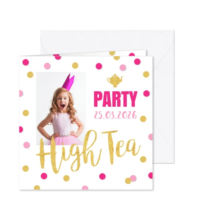 Uitnodiging High Tea confetti goud roze