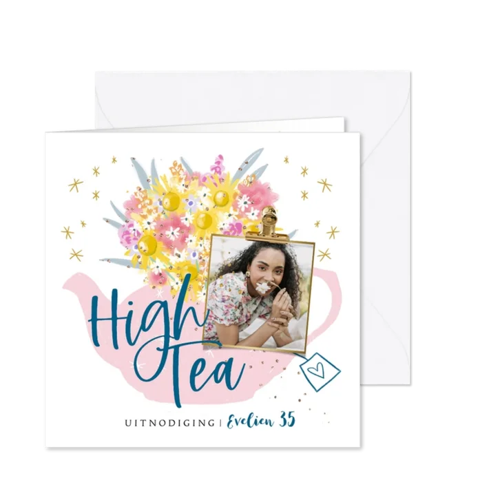 Uitnodiging high tea illustratie theepot boeket foto sterren