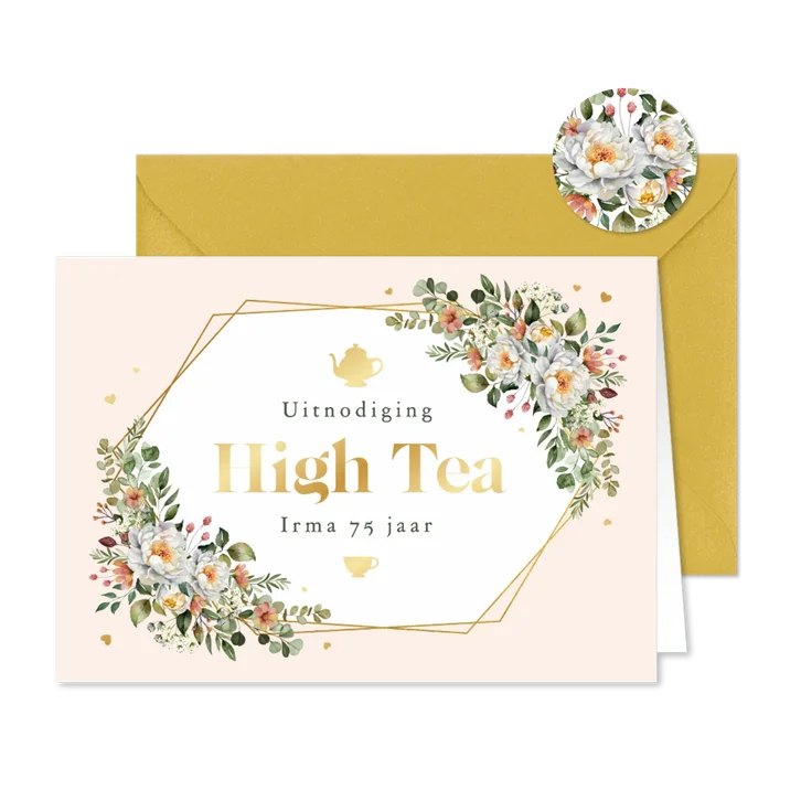Uitnodiging high tea klassiek bloemen goud hartjes