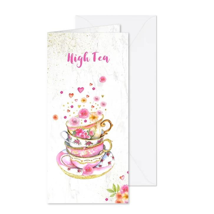 Uitnodiging High Tea kopjes bloemen