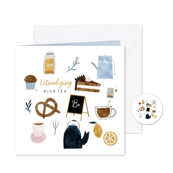 Uitnodiging High Tea met vrolijke illustraties