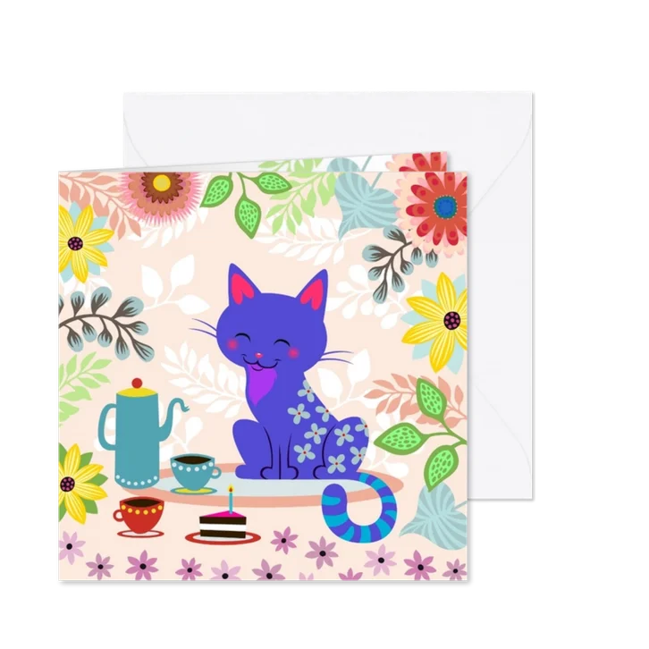 Uitnodiging High Tea met vrolijke kat en bloemen