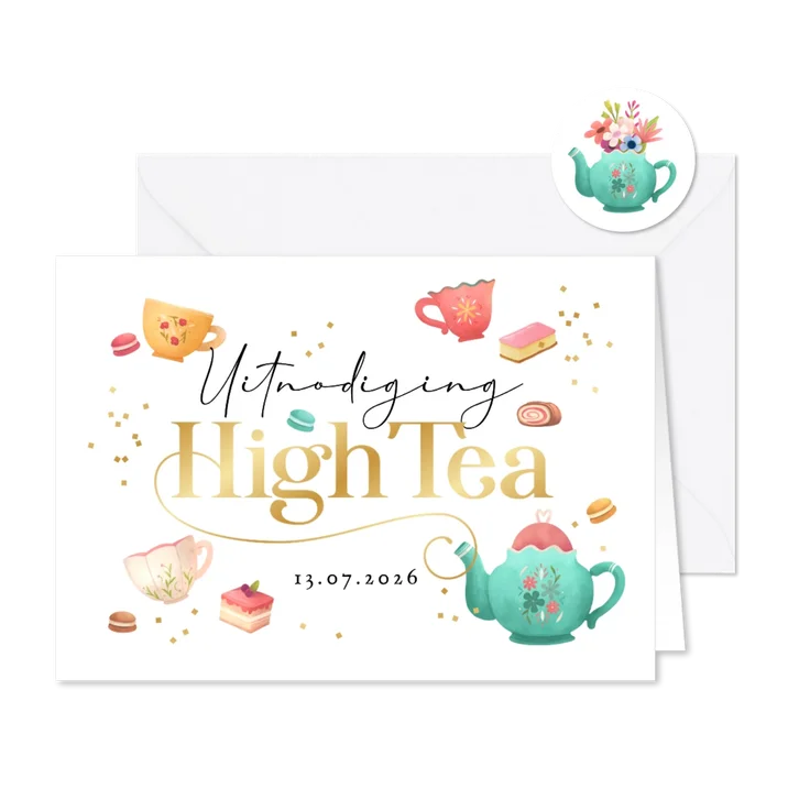 Uitnodiging high tea thee illustraties gebakjes confetti