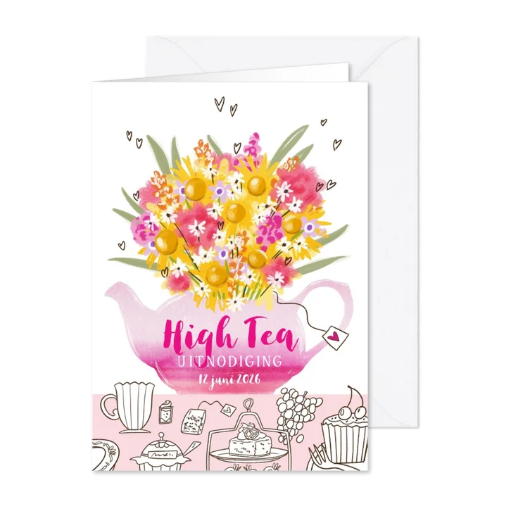 Uitnodiging high tea theepot kleurrijk boeket bloemen