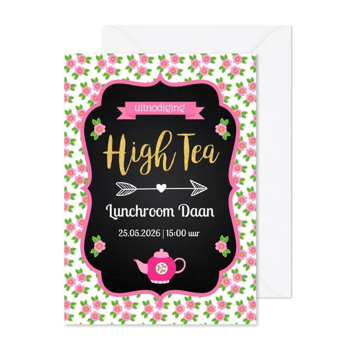 Uitnodiging High Tea typografie bloemen