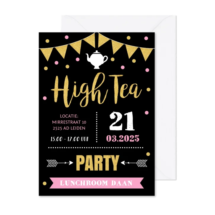 Uitnodiging High Tea typografie slinger confetti goud roze