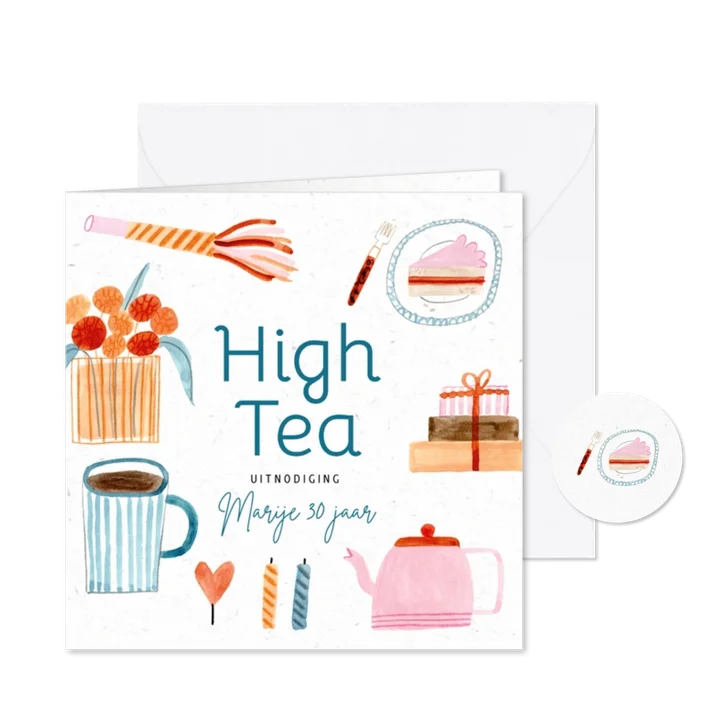 Uitnodiging high tea vrolijke roze illustraties