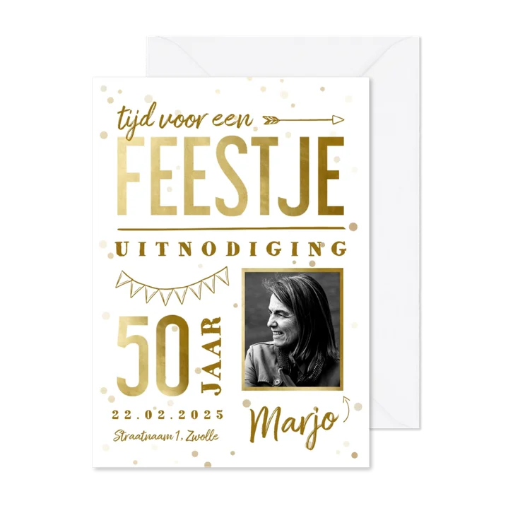 Uitnodiging hip aanpasbaar met gouden tekst en confetti