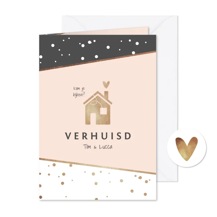 Uitnodiging hip stijlvol housewarming verhuisd huisje goud