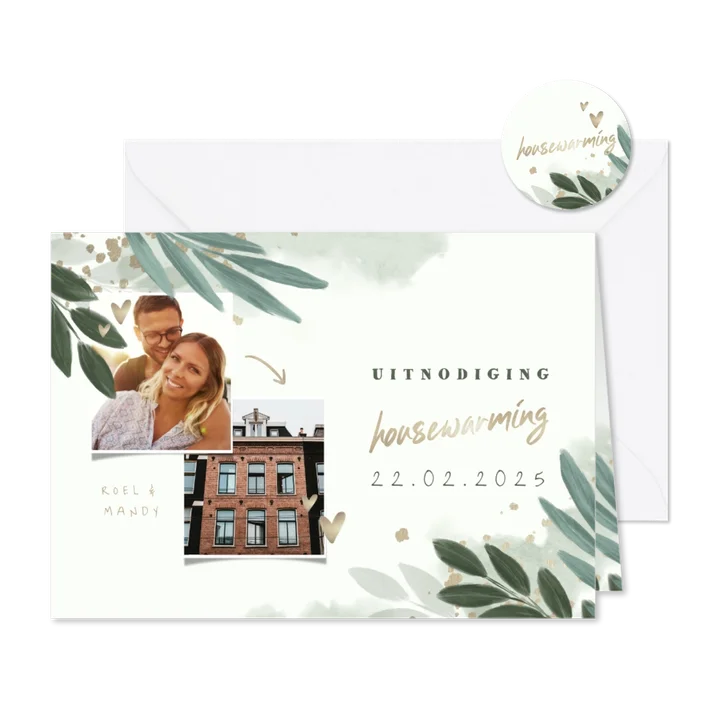Uitnodiging housewarming botanisch met gouden hartjes