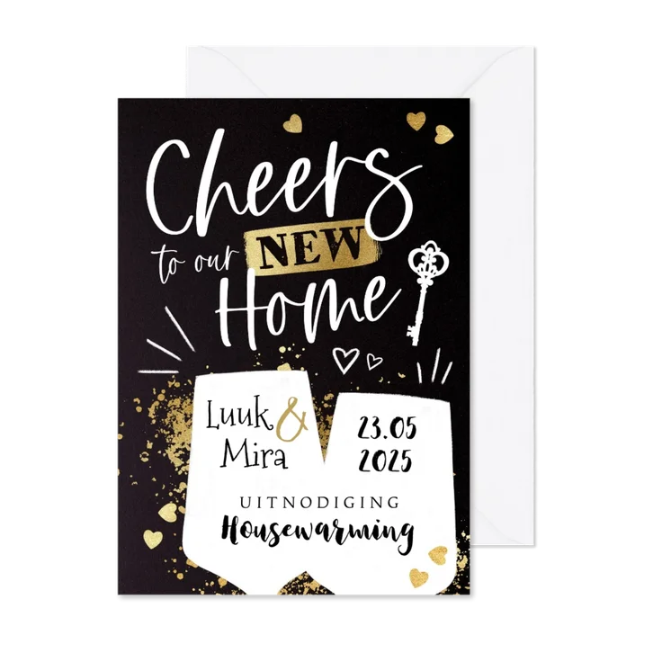 Uitnodiging housewarming ‘Cheers!’ krijtbord wijn goudlook