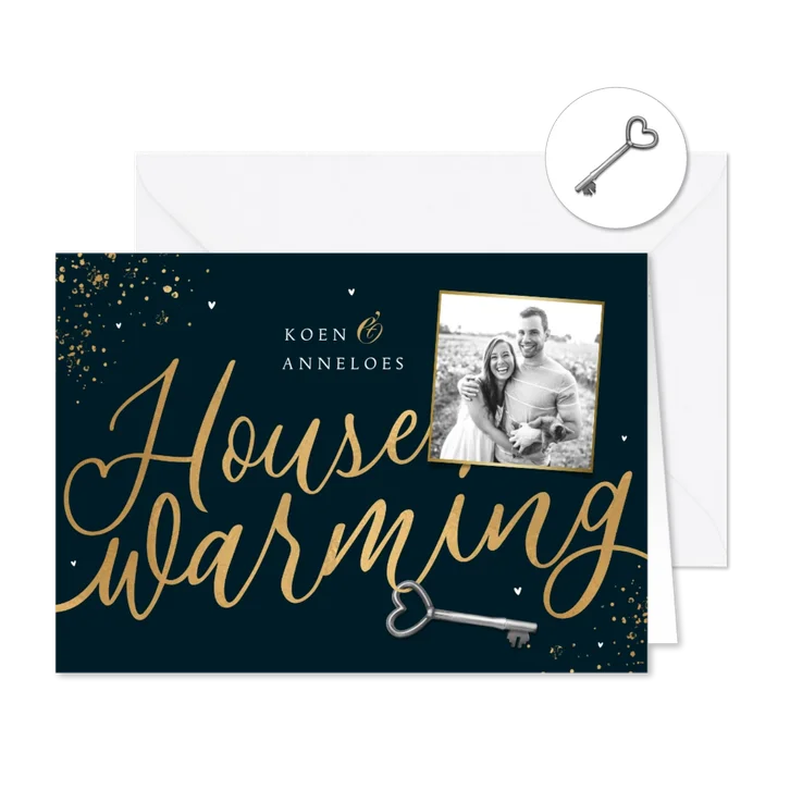 Uitnodiging housewarming goud spetters sleutel foto