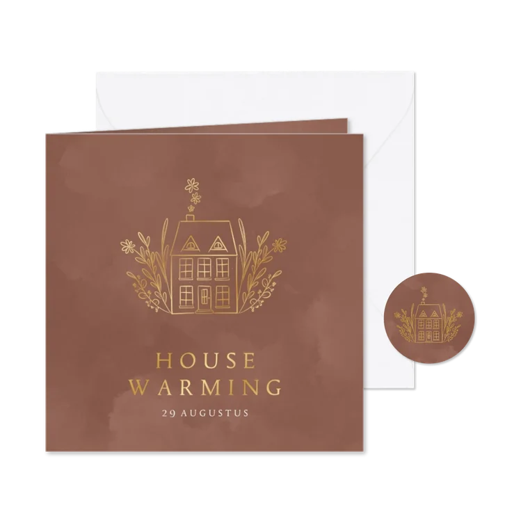 Uitnodiging housewarming gouden huisje met bloemen roest