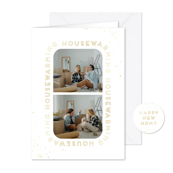 Uitnodiging housewarming goudlook met foto's