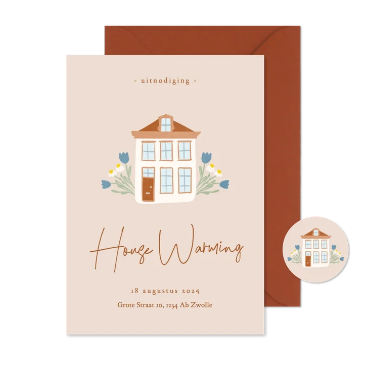 Uitnodiging housewarming in beige met huisje en bloemen