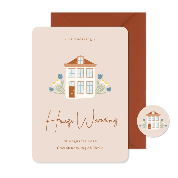 Uitnodiging housewarming in beige met huisje en bloemen