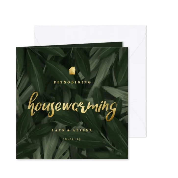 Uitnodiging housewarming jungle bladeren met gouden accenten