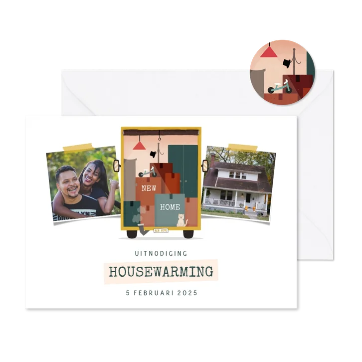 Uitnodiging housewarming met foto en verhuiswagen